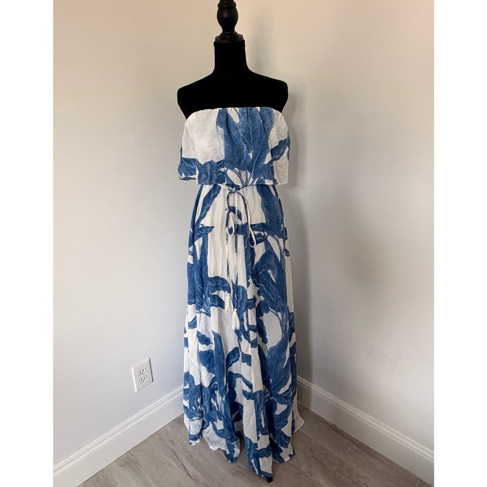 Big Hit Fashion Blue White Tropical Palm Print Strapless Maxi Dress Small